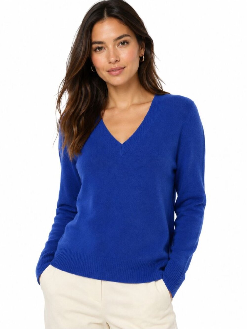 Aqua Cashmere Women’s 100% Cashmere V-Neck Sweater Royal Blue Long Sleeve Size S